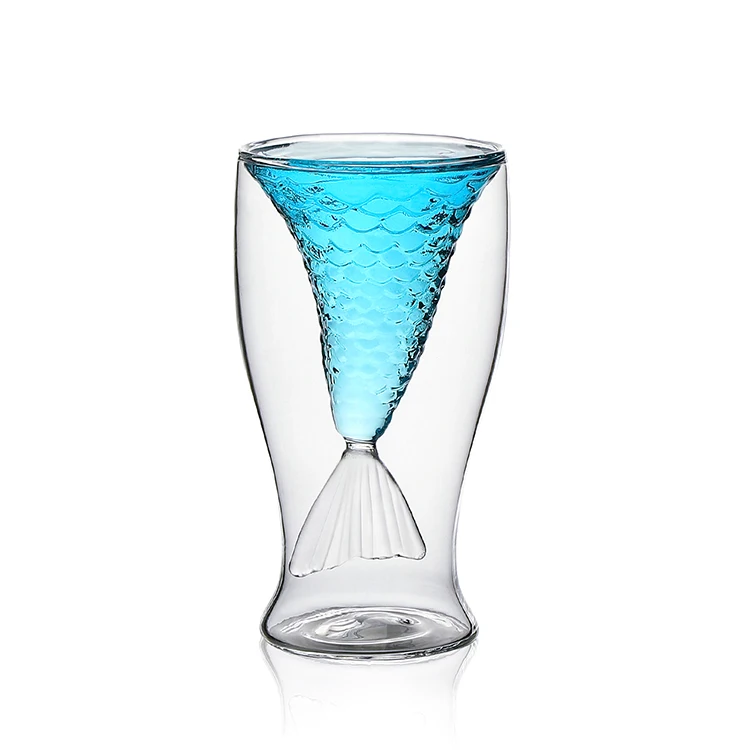 

Wholesale Double Wall Shot Unique Creative Mermaid Fish Shape machine made Glass Martini Cocktail Glasses
