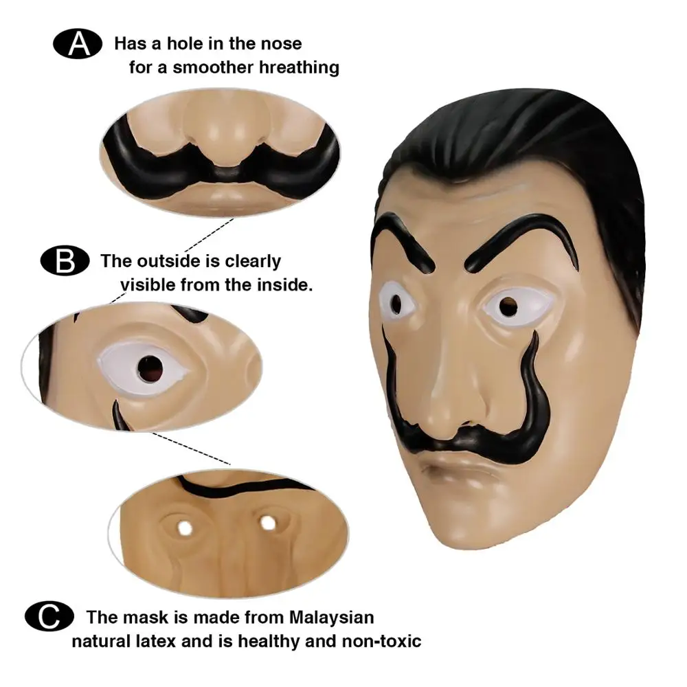 
Molezu Wholesale Custom Halloween La Casa De Papel Face Mask Salvador Dali Cosplay Movie Latex Mask Realistic Party Mask 