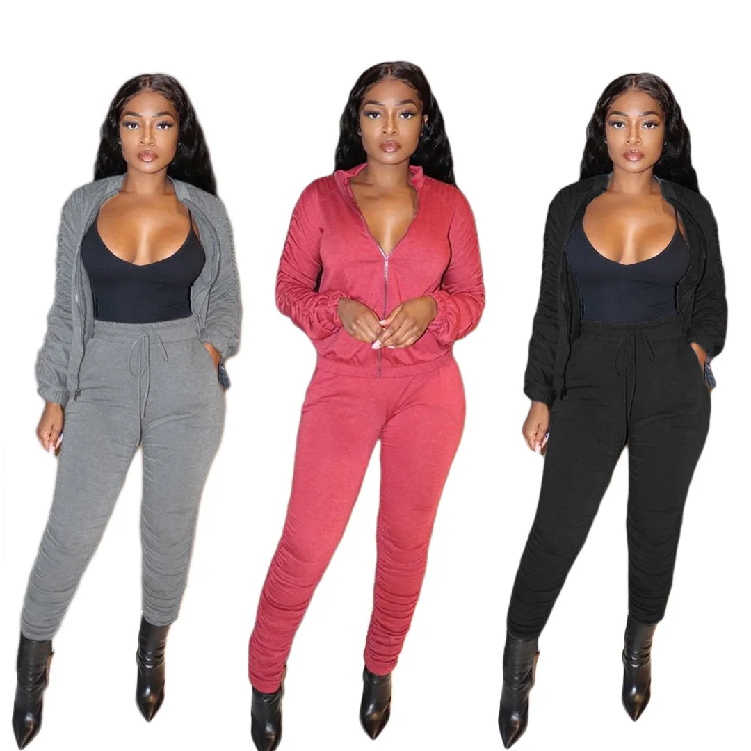 

B53859A Women tracksuit 2020 fashion new pure color casual 2 pieces sports set, Black/gray/pink