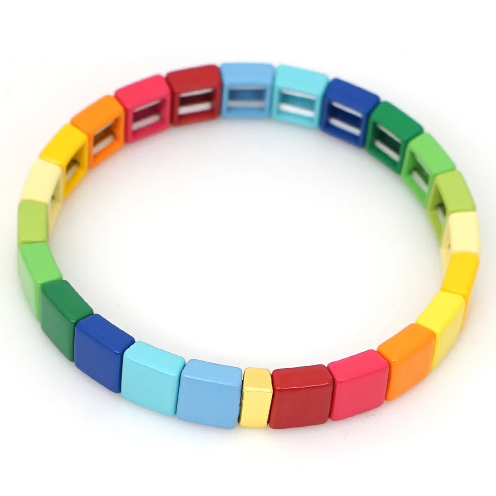 

New Neon Rainbow Elastic Bracelet Enamel Tile Bracelets Metal Bohemian Pulseras Women Fashion elastic Jewelry Paint Beads Bangle