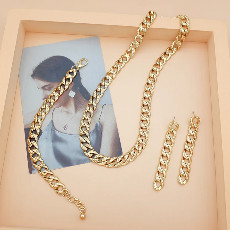 

New Cheap Dubai 18k Gold Waterproof Bisuteria Sandy Gift Necklace Earrings Jewelry Set For Women