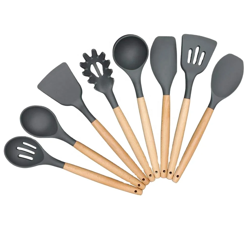 

Kitchen Tools Accessories Set 8pcs Cooking Tools PP Wooden Coating Silicone, Black