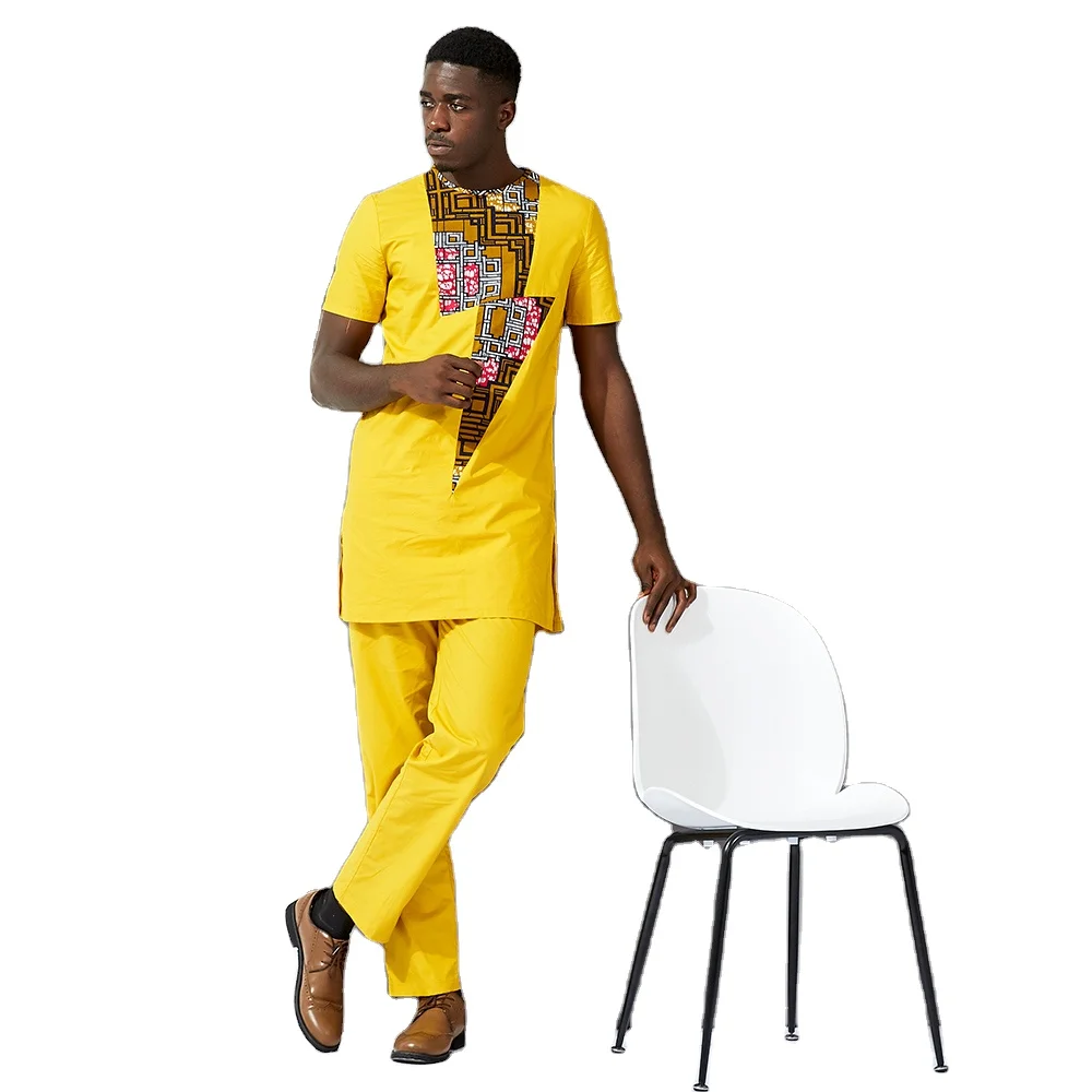

Amazon Hot Selling Plus Size African Men Shirts Two Pieces Long Pants Wax Fabric Printing Men Clothes, As picture
