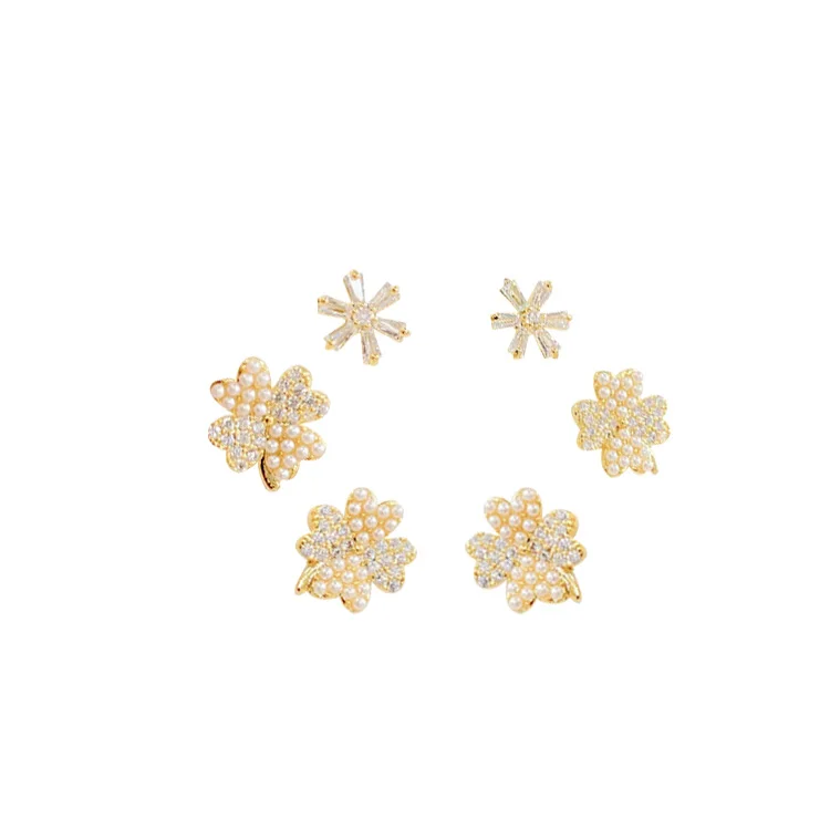 

ED62268 Fashion 14K gold plated women jewelry three pairs set micro inlaid zircon pearl flower small earrings