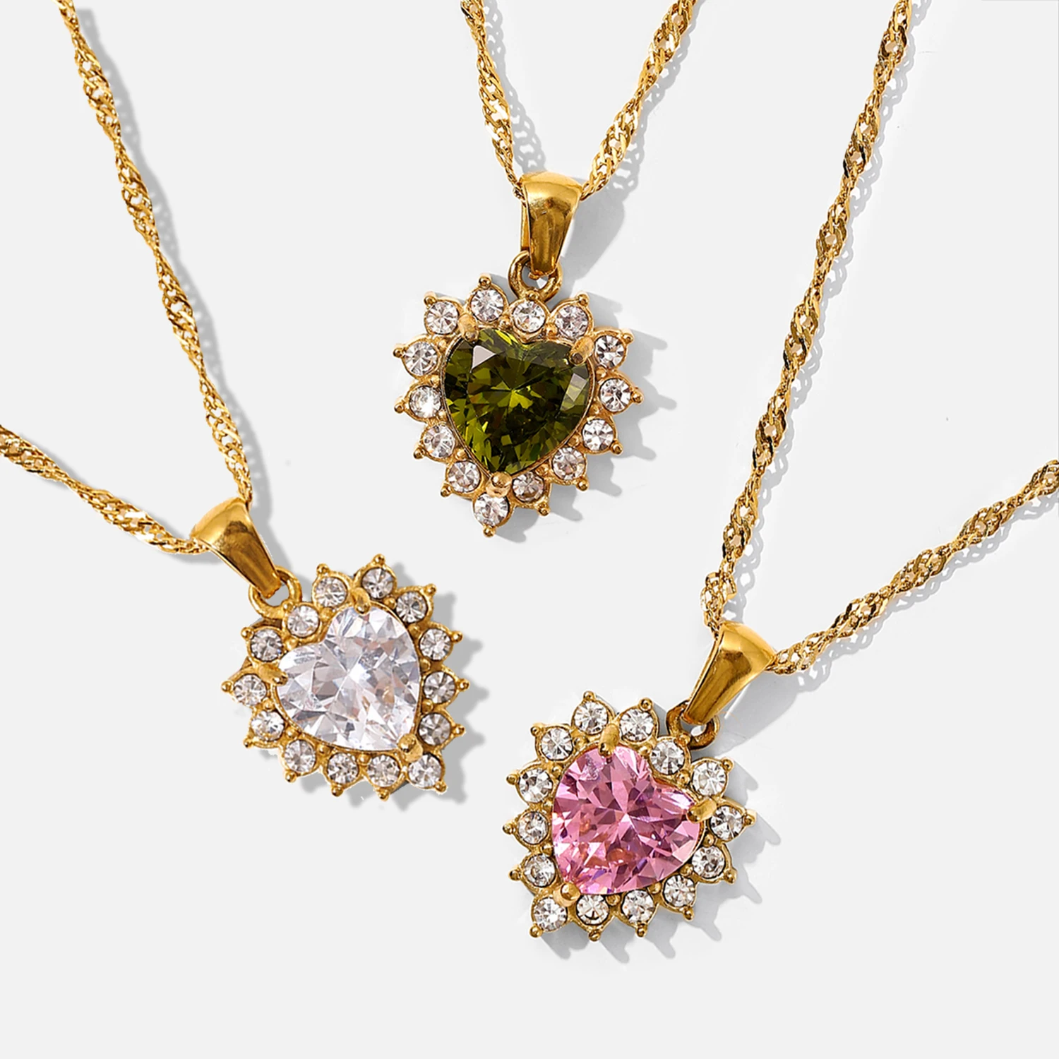 

Cubic Zircon Heart Stainless Steel 18k Gold Choker Green Pink White CZ Stone Pendant Necklaces