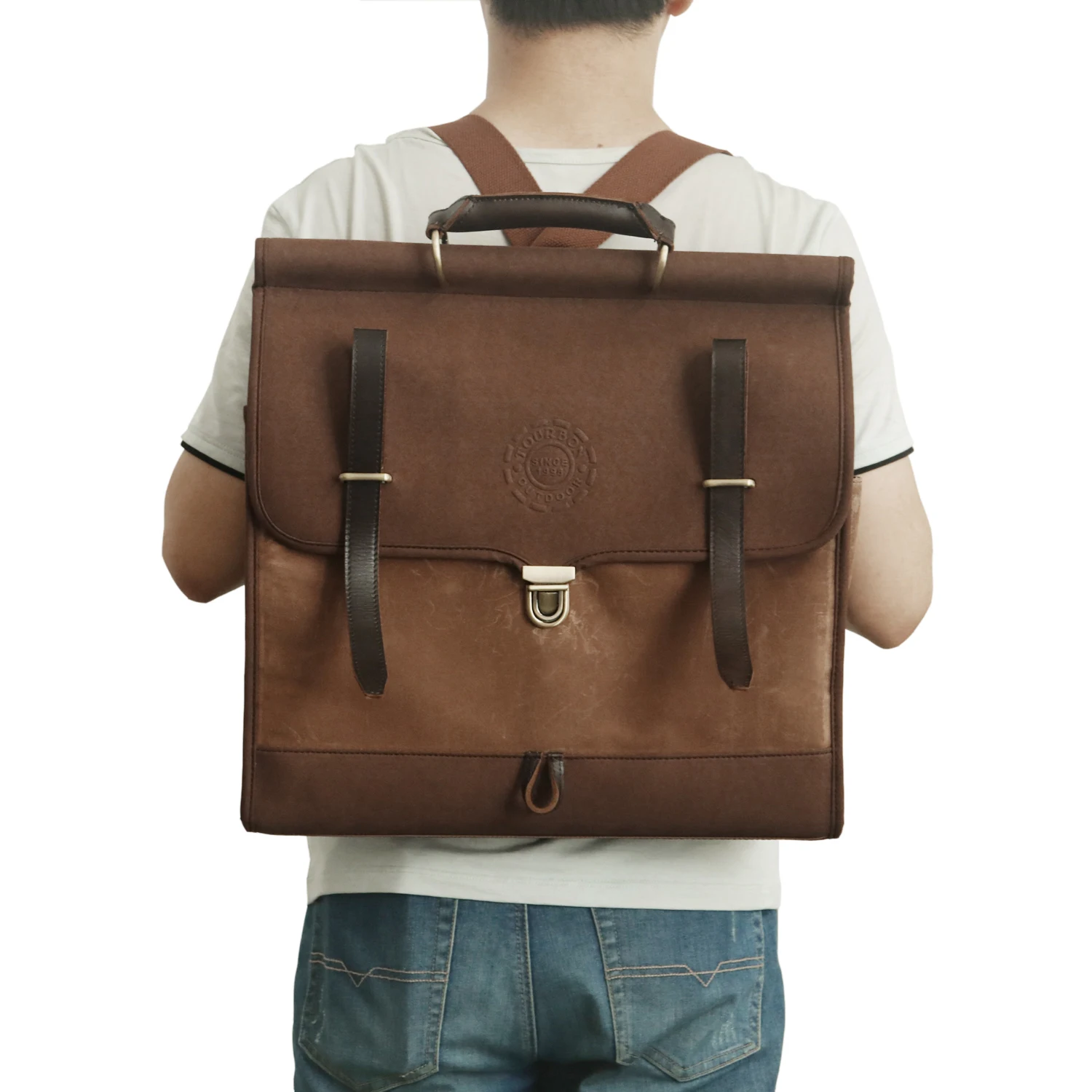 

Classic brown canvas and leather laptop briefcase bicycle backpack tote pannier