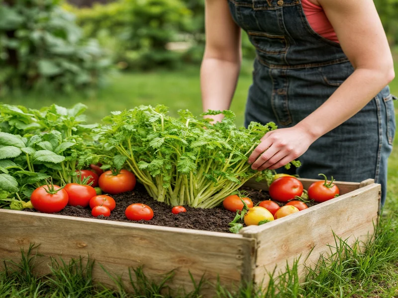 Harvesting vegetables from DIY raised garden box