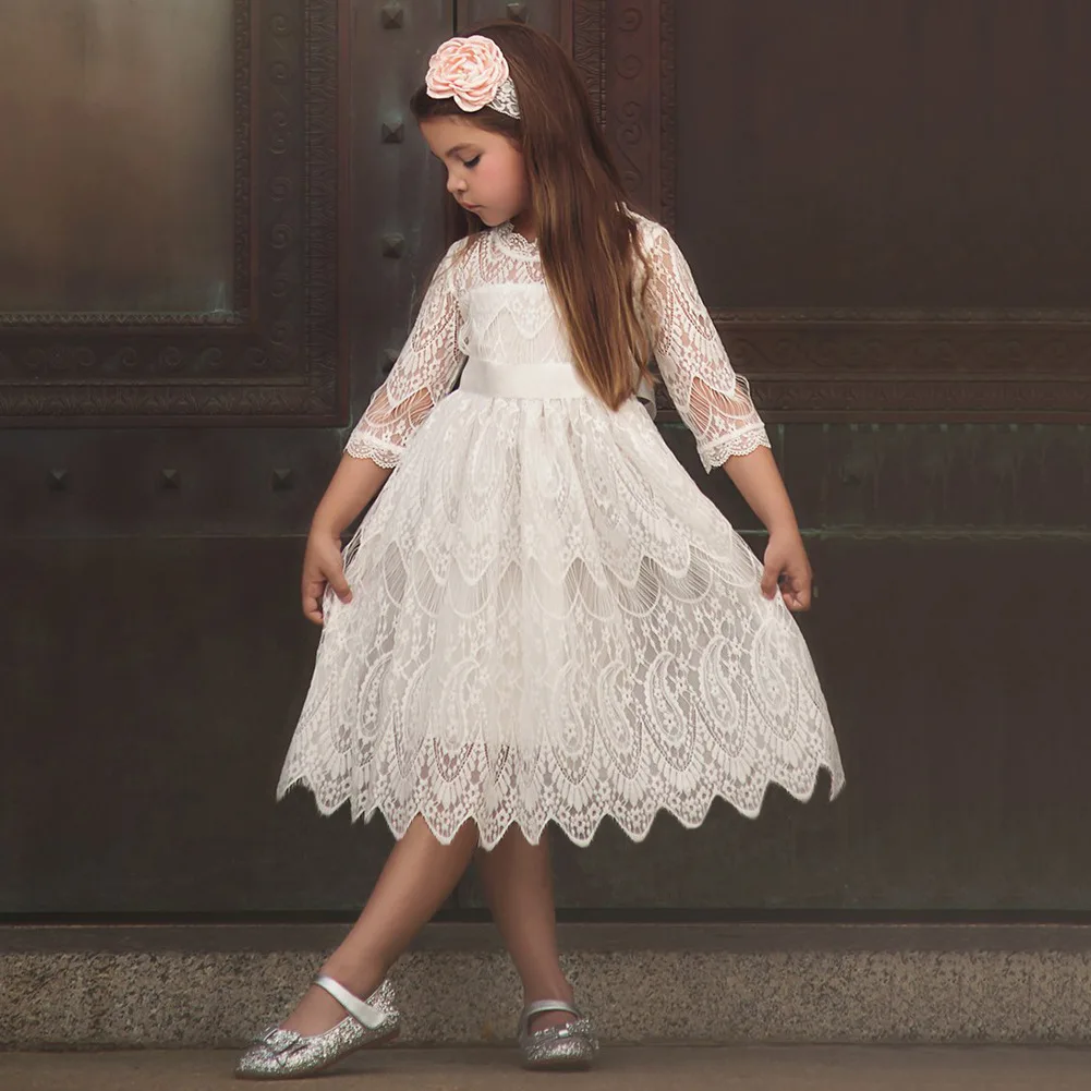 

Factory Price Mid-sleeved Lace Bowknot Girl Summer Princess Dress, White,red,khaki