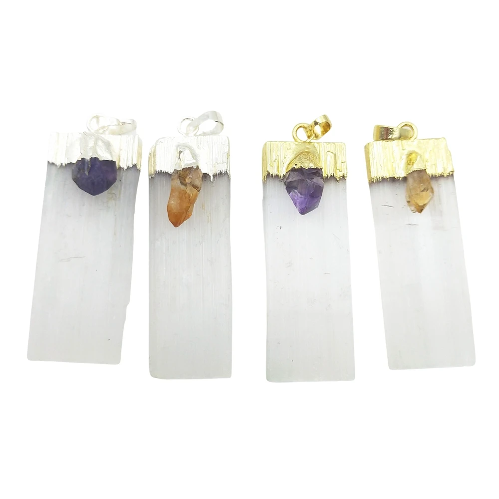 

healing dowsing gypsum stick rectangle long bar pendant natural selenite stone with citrine amethyst pendant gold silver jewelry, Multi