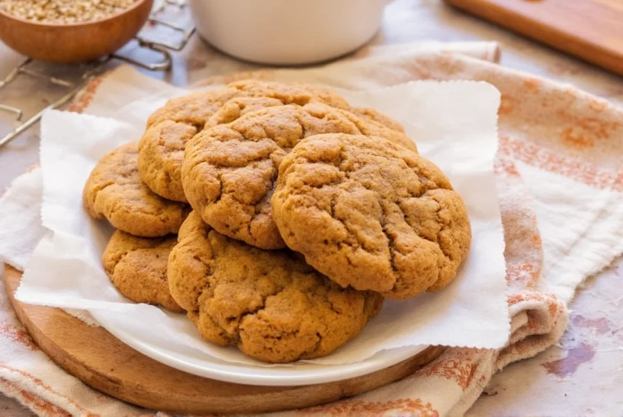 Perfectly baked ginger cookies on cooling rack with spice ingredients