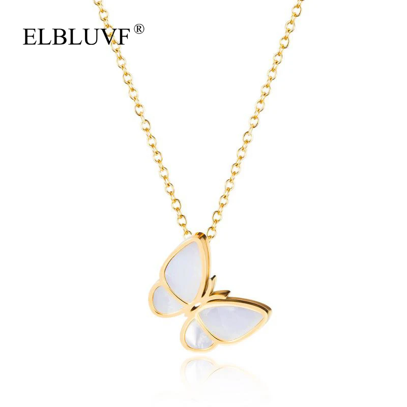 

ELBLUVF Free Shipping Fashion Stainless Steel Gold Plated White Shell Butterfly animal Pendant Necklace For Women Wholesale