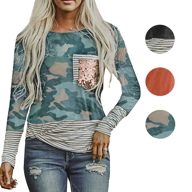

2021 High Quality Autumn Clothing Women Stripe Pocket Sequins Long Sleeve Woman Blouse, Customized woman blouse