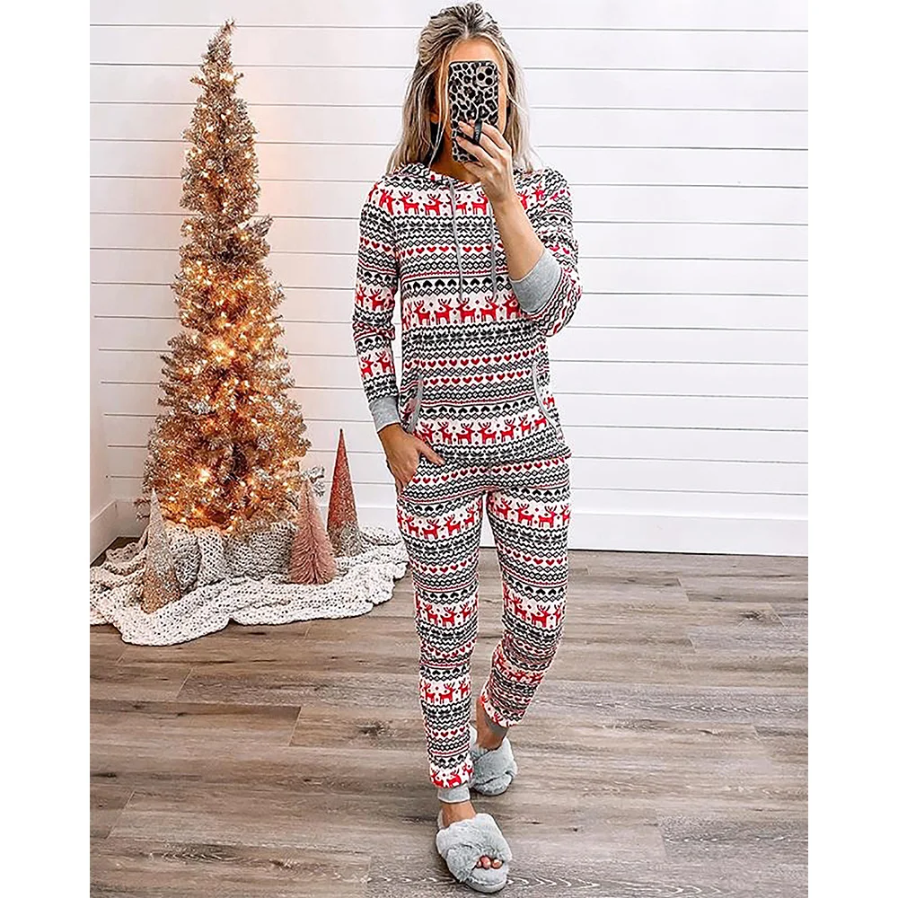

Christmas Printed Pajamas Set Women 2 Piece Set Colour Blocking