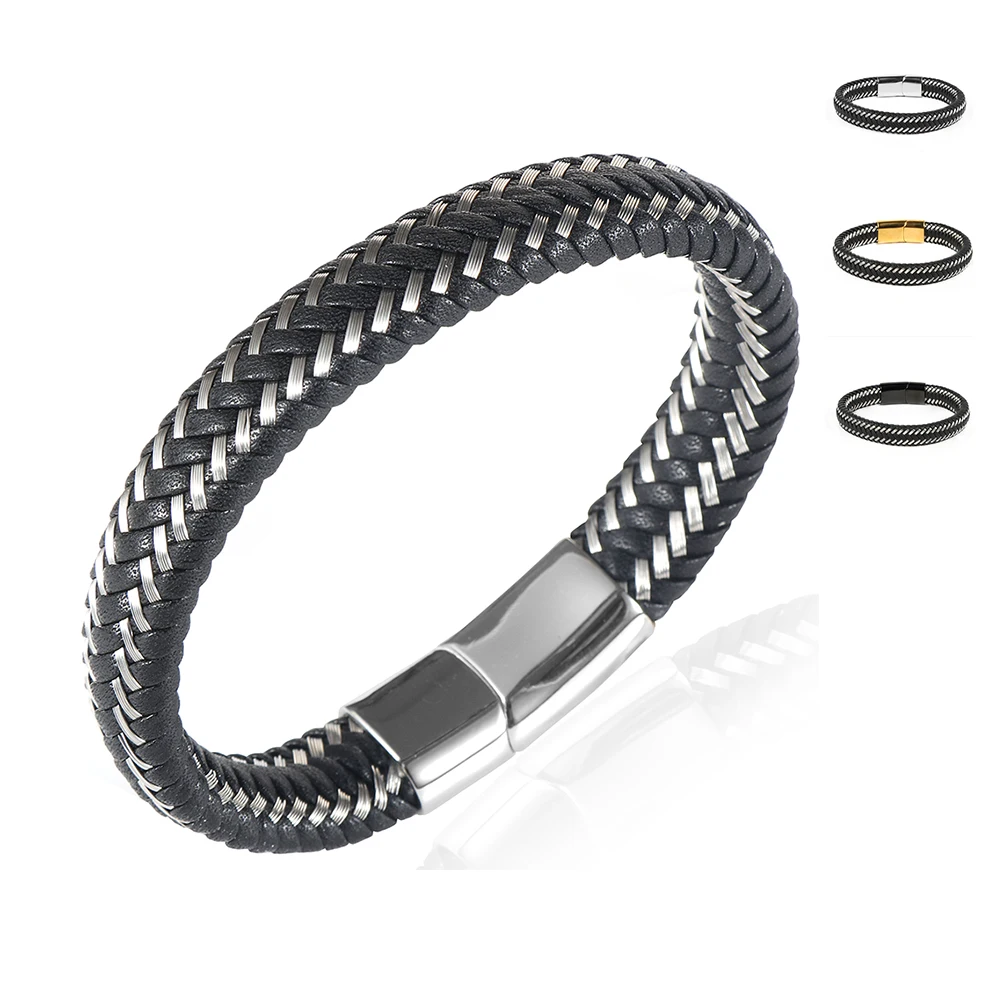 

New Design Stainless Steel Magnetic Clasp Cuff Wristband Black Steel Wire Braided Genuine Plain Leather Bracelets for Men