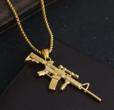 

Karopel Hip Hop Bling Iced Out Gold Sniper Rifle AK Gun Pendants Necklaces With Box Rolo Aberdeen Chain Necklace for Men Jewelry, Gold,silver,black