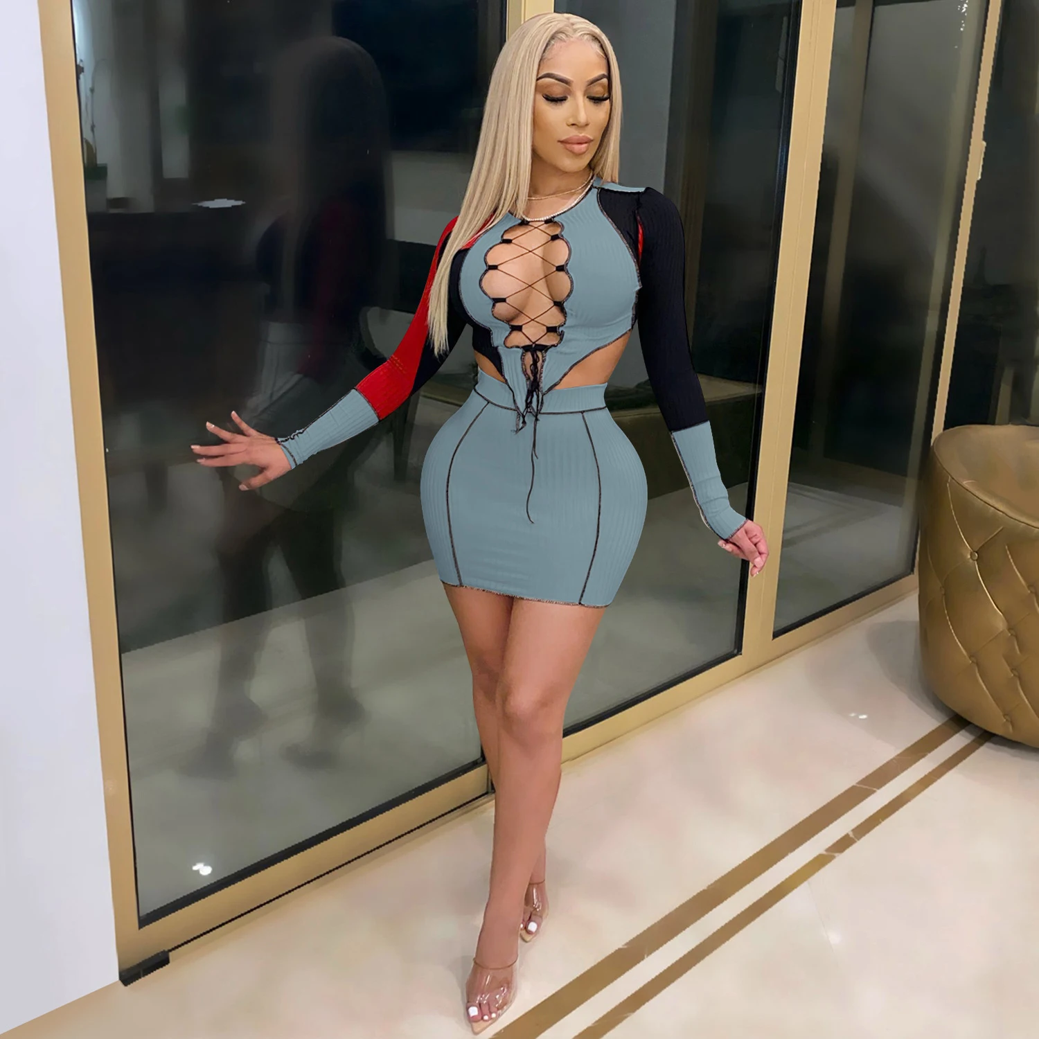 

Sexy Color Block Hollow Out Lace Up Skinny Ladies Dresses Women Bodycon Dress Two Piece Knitted Skirt Sets For Woman Outfits-PT, Black/white,black/light blue,black/green,blue/pink