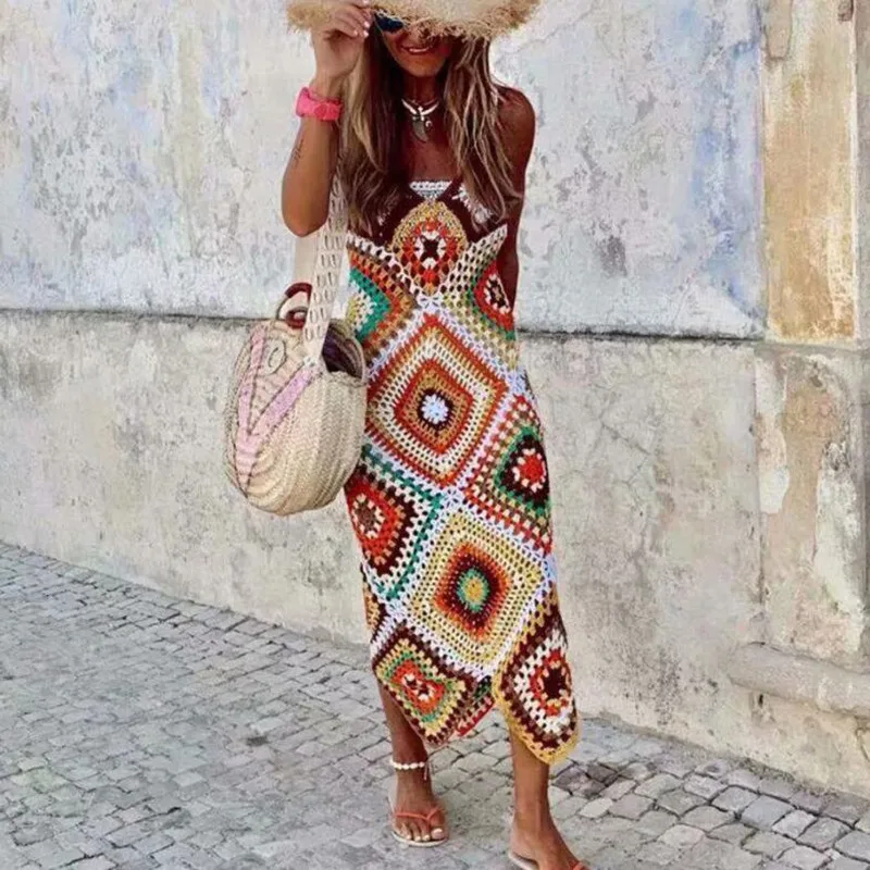 

MY922 BOHO Summer Multi color Plaid Hand crocheted Spaghetti Strap Long Dress Retro Women V neck Backless Sling Dresses Beach, Geometric