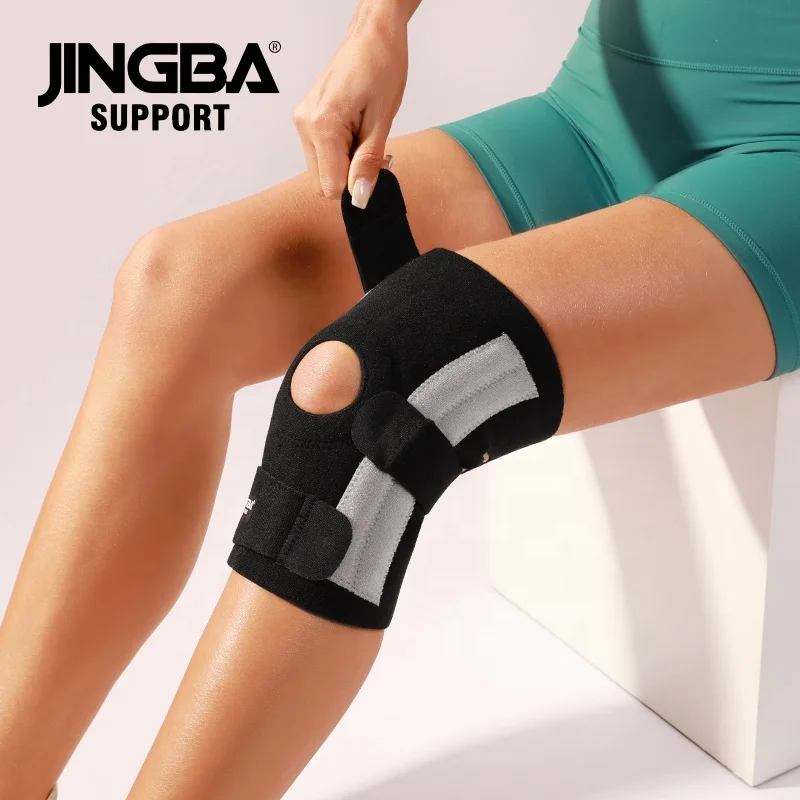 

JINGBA Custom Logo Black Adjustable Knee Compression Sleeve Joint Support with Straps and Springs For Men & Women Workout Sport