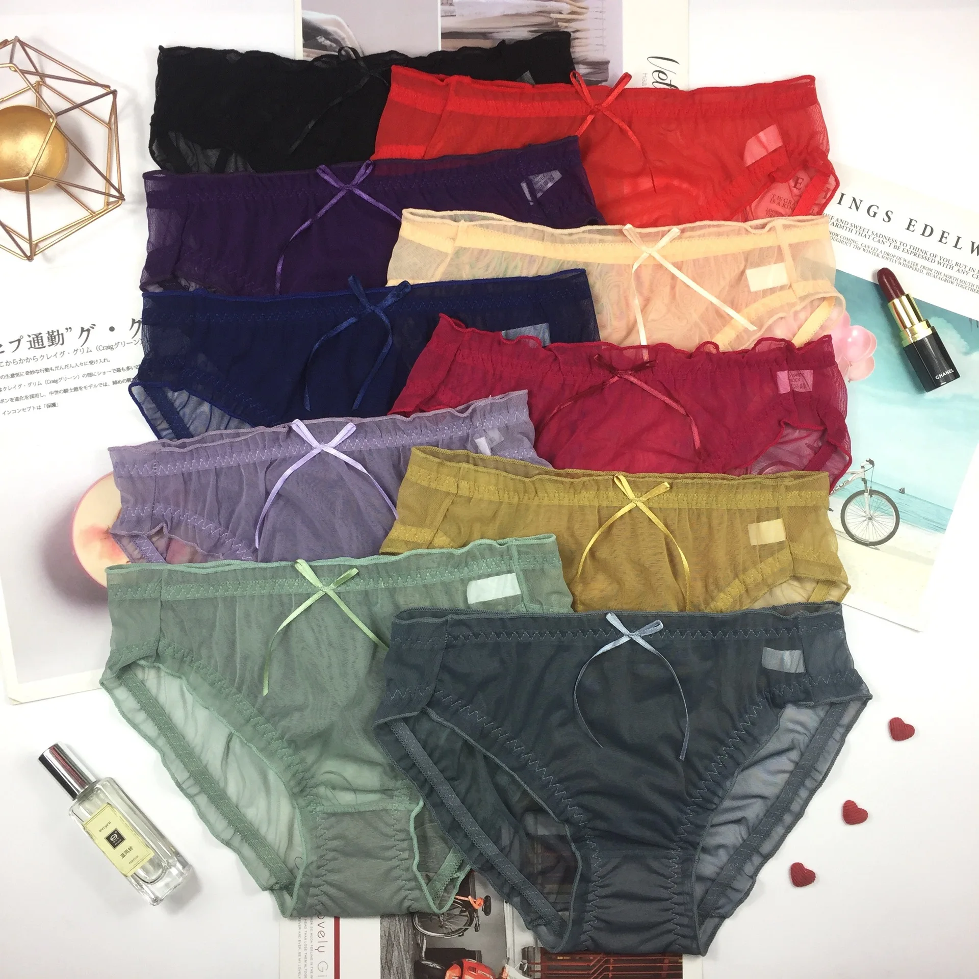 

New transparent gauze lace comfortable breathable underwear low waist lift buttock lace breathable plain color women`s panties, 9 colors