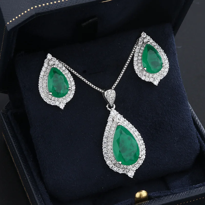 

Jewelry Set Silver Plated Mirco Paved Zirconia Emerald Diamond Charm Necklace Rings Earrings Set Diamond Stud Earrings Necklace