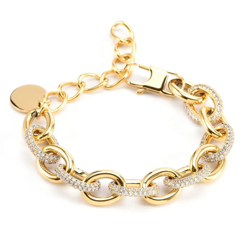 

18K Gold Plated High Polished Full Zircon Oval Chain Link Stainless Steel Women Charm Bracelet, Silver color, gold color, customized color