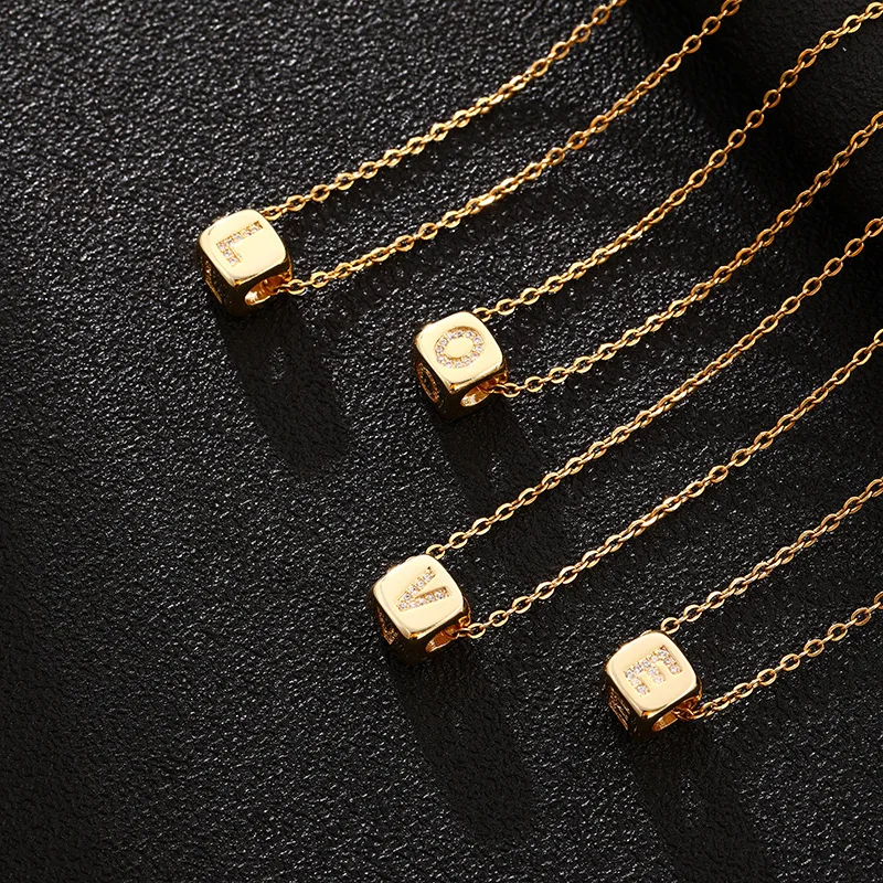 

Statement Real Gold Plated No Fade Stainless Steel Chain Cubic Zirconia Initial Pendant Necklace Crystal Cube Necklace