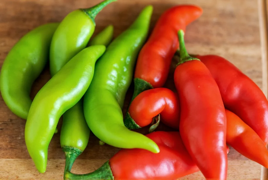 Close-up of fresh green and red serrano chili peppers on wooden cutting board