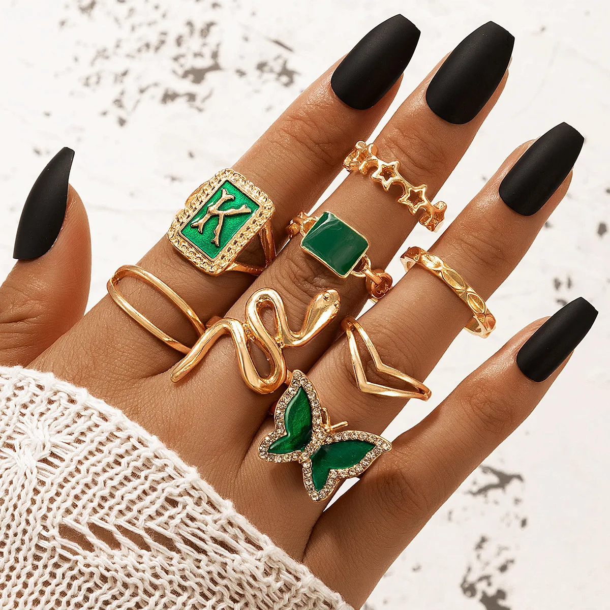 

Barlaycs 2021 Gold Plated Rings Set For Women Vintage Boho Crystal Knuckle Diamond Butterfly Ring Set Female Party Jewelry Gift, Green