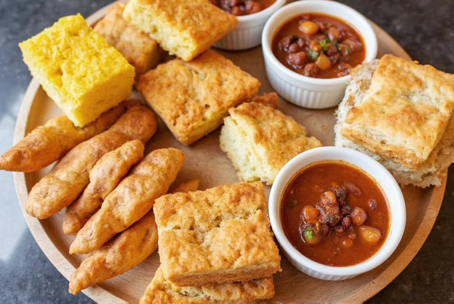 Variety of bread options including cornbread, biscuits, and sourdough served alongside chili