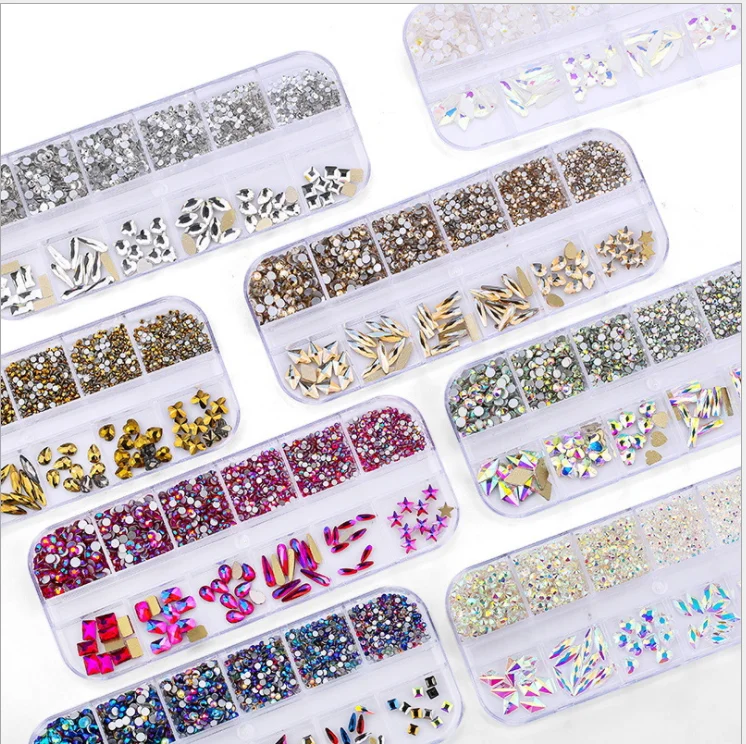 

12 Box/Set 6 size: from 1.5mm to 4.5mm press on nails flat back stones crystal big size green 3D nail rhinstones for nail art
