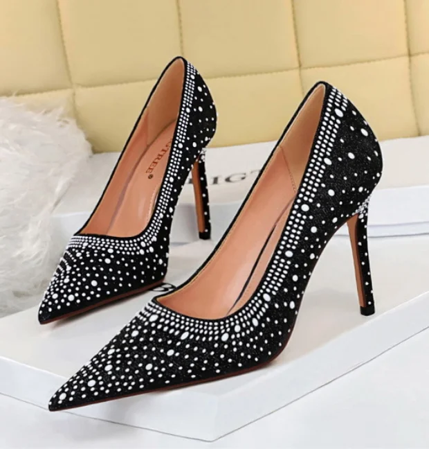 

Korean fashion sexy women suede pointed toe rhinestone thin high heel shoes 42 43, Black blue khaki pink