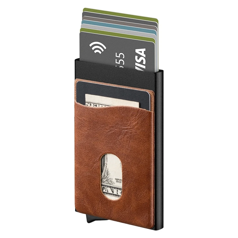 

Money Clip Rfid Blocking Credit Card Holder Wallet Small Moq Popup Wallet, Coffee color, brown