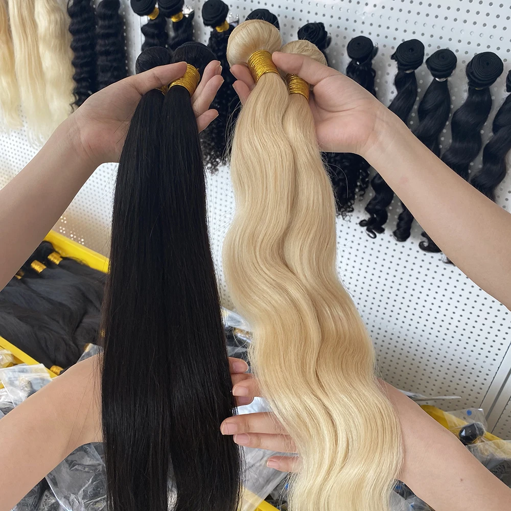 

12a Double drawn raw brazilian human hair extension wholesale human hair wigs blonde 613 virgin hair bundles with frontal