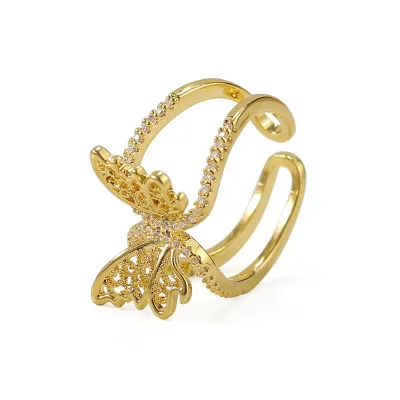 

2021 Fashion Design Rings Zircon Beauty Brass Jewelry Adjustable Butterfly Rings Women, Gold