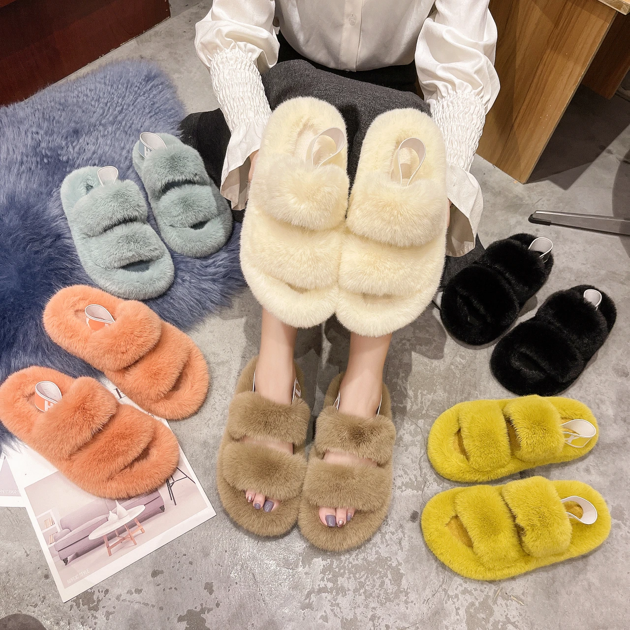 

Autumn and winter trend new plush slippers flat open toe two bars women's sandals