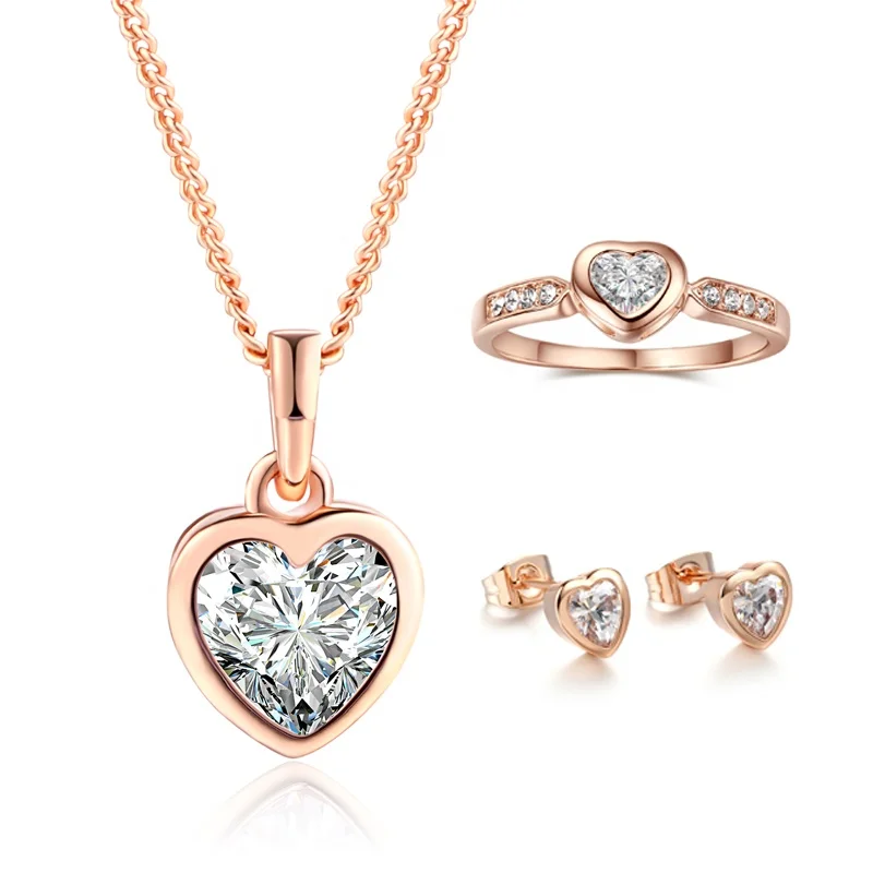 

S281 Classic Simple Heart Shape Crystal Cubic Zirconia Earrings Ring And Necklace Jewelry Set For Women