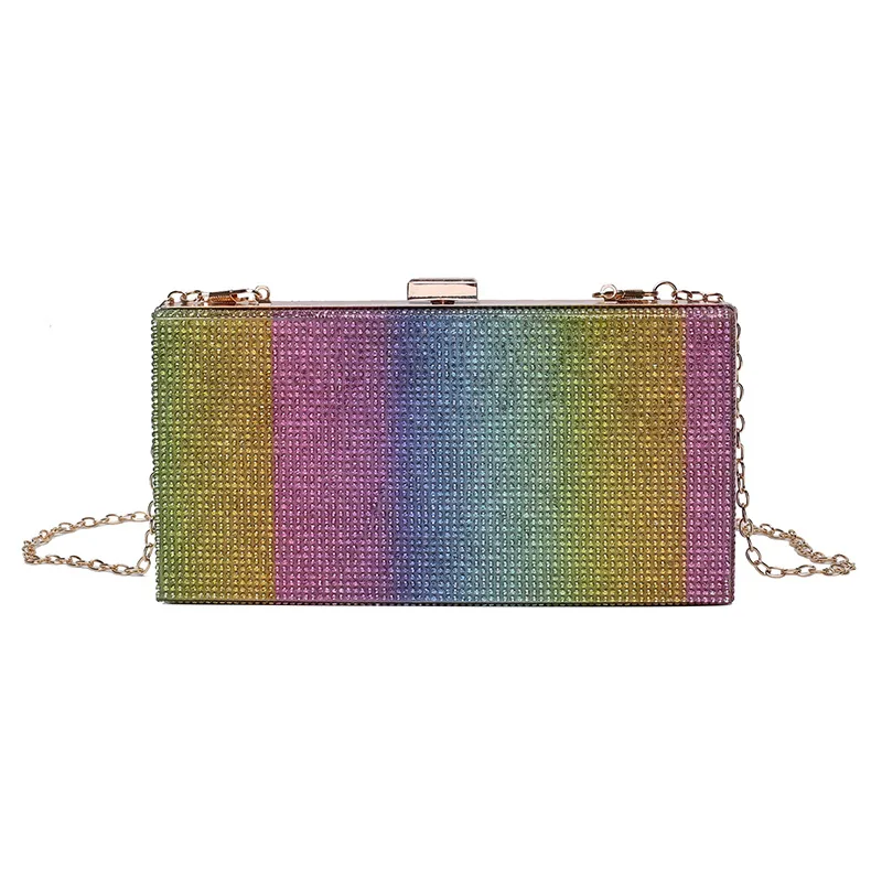 

2021 Luxury New Korean Fashion Girls Sequins Box Clutch Crossbody Bags Rainbow Color Dinner Purse For Women, Multicolor