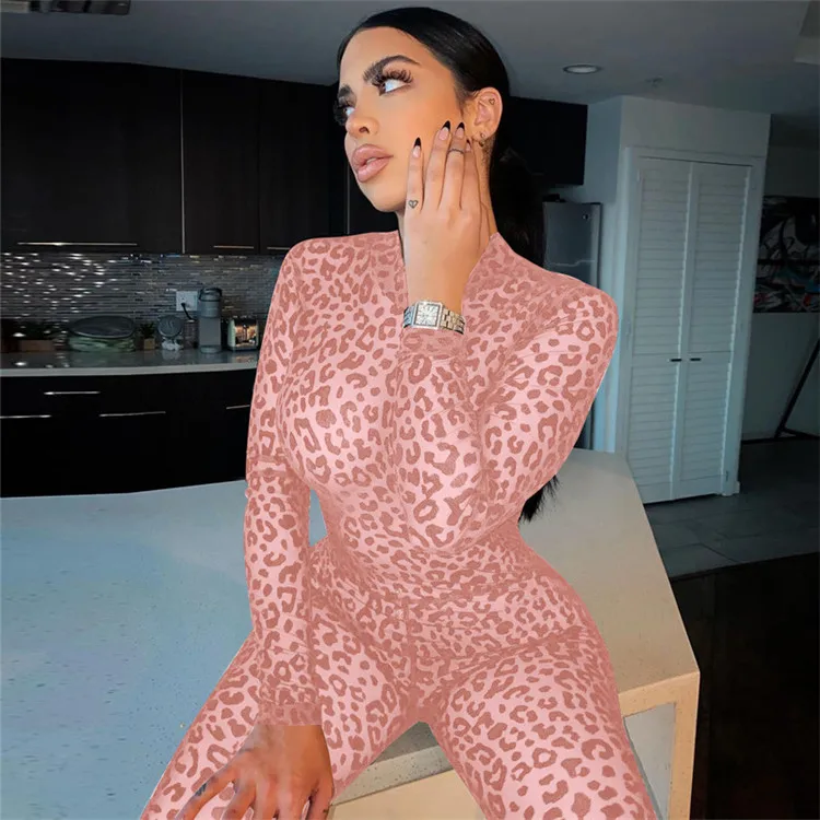 

Fall New Fashion O Neck Zipper One Piece Rompers Sexy Jumpsuit Long Sleeve Bodycon Leopard Print Jumpsuits