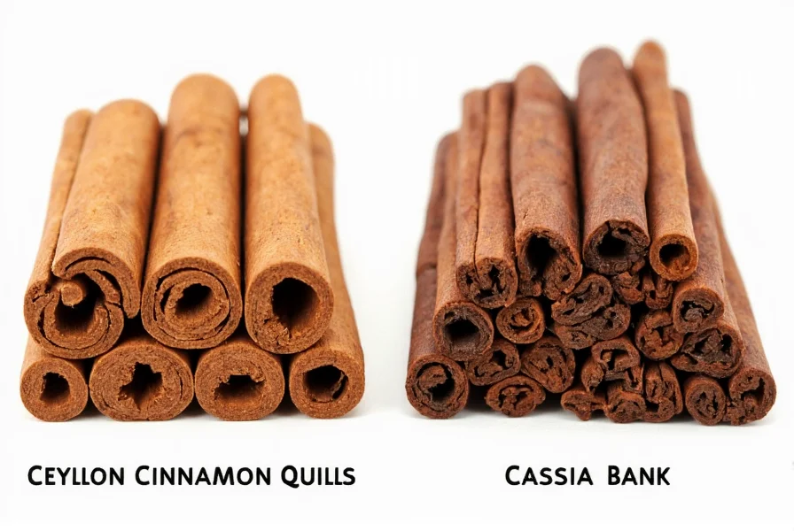 Side-by-side comparison of Ceylon cinnamon quills showing delicate layered structure versus thick single-layer cassia bark