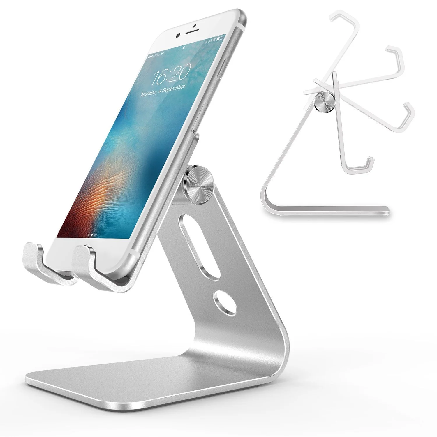 

Adjustable Cell Phone Stand, Aluminum Desktop Cellphone Stand with Anti-Slip Base and Convenient Charging Port
