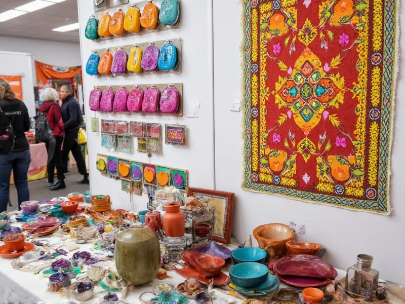 Vibrant Renegade Craft Show booth with handmade ceramics and textiles