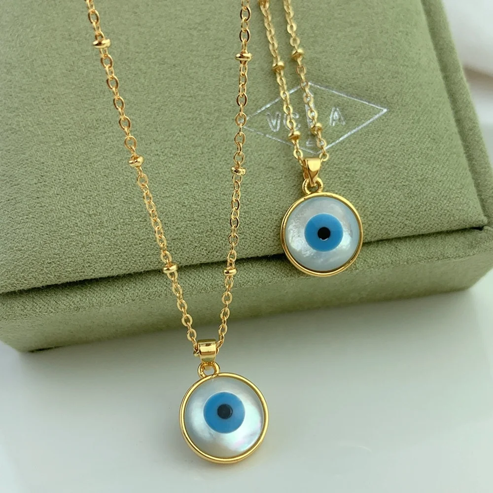 

Personalized Shell Necklace Round Charm Pendant Gold Plated Turkish Amulet Eye Necklace