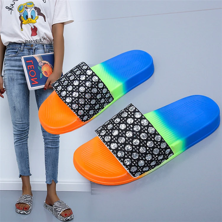 

2021 Luxury Diamond Slippers Women Rainbow Trendy Slides Shoes Ladies Summer Sandals Female, As pictures or customized color