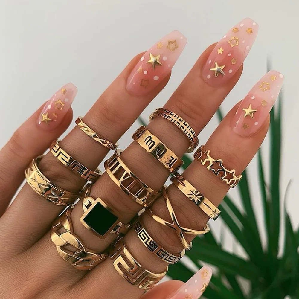 

2021 Boho Vintage Ring Set Gold Knuckle Rings For Women Crystal Star Crescent Geometric Female Finger Rings Set Jewelry