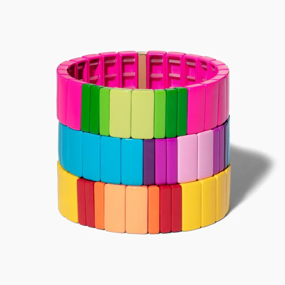 

New Fashion Enamel Rainbow Tile Bracelet Bright Metal Alloy Pink Purple Stretchy Bracelet Jewelry Gift For Women, Pink, blue, yellow