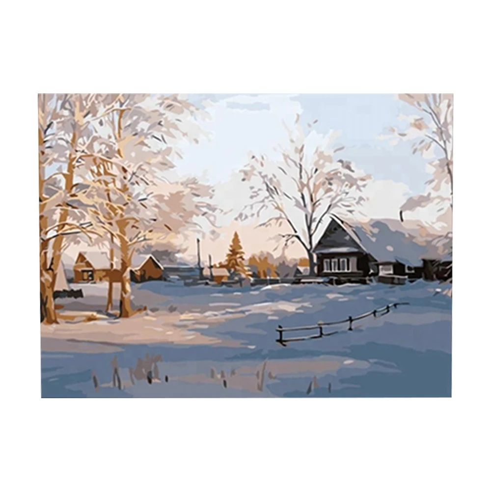 Russische Winter Dorp Landschap Olieverfschilderij door Nummer kits