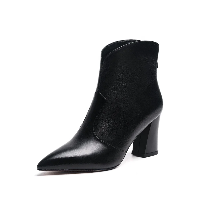 

J271 Napa texture cow leather block high heels ankle boots women shoes, Black
