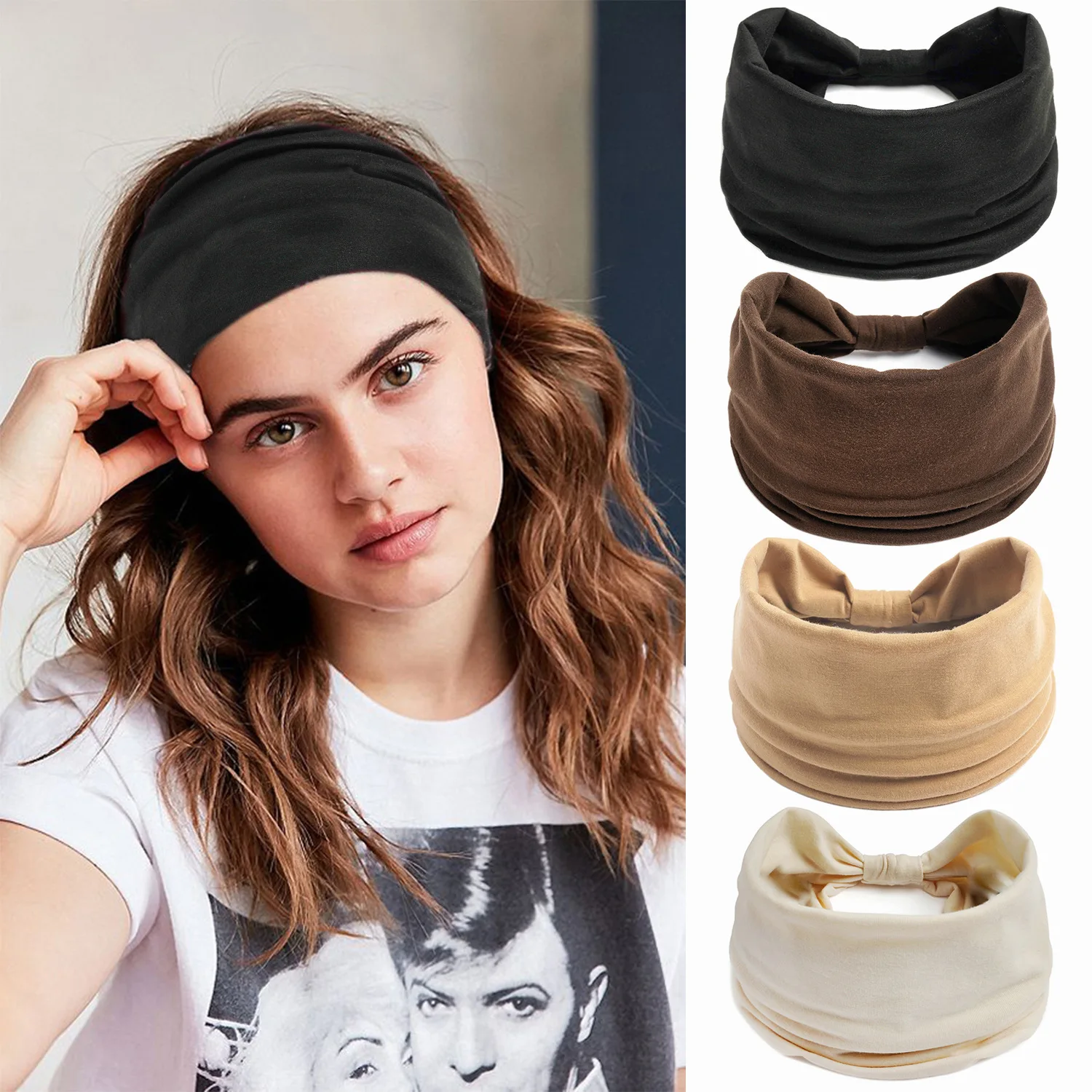 

Solid Color Stretch Sweat Sports Wide Fabric Elastic Head band Boho Yoga Cross Knot Turba Thick Headbands For Women