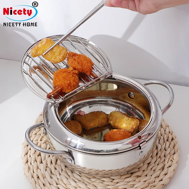 

Japanese Tempura deep frying pot with a thermometer and a lid oil filter screen Frying pan with Oil filterin french fries pot, Sliver/matt green/customized