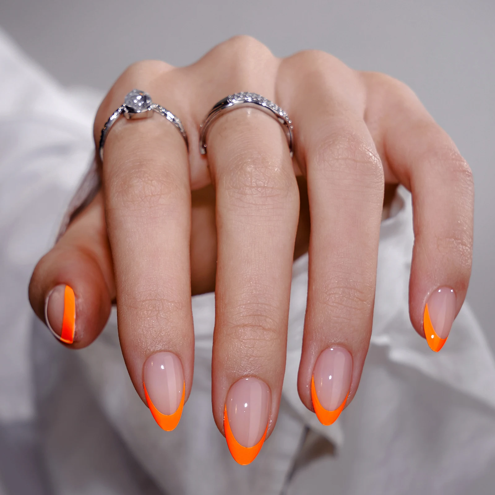 

BTArtbox Reusable Soft Gel Press On Almond Nail Tips Full Cover Orange French Liner Handmade Nude Designed False Nails
